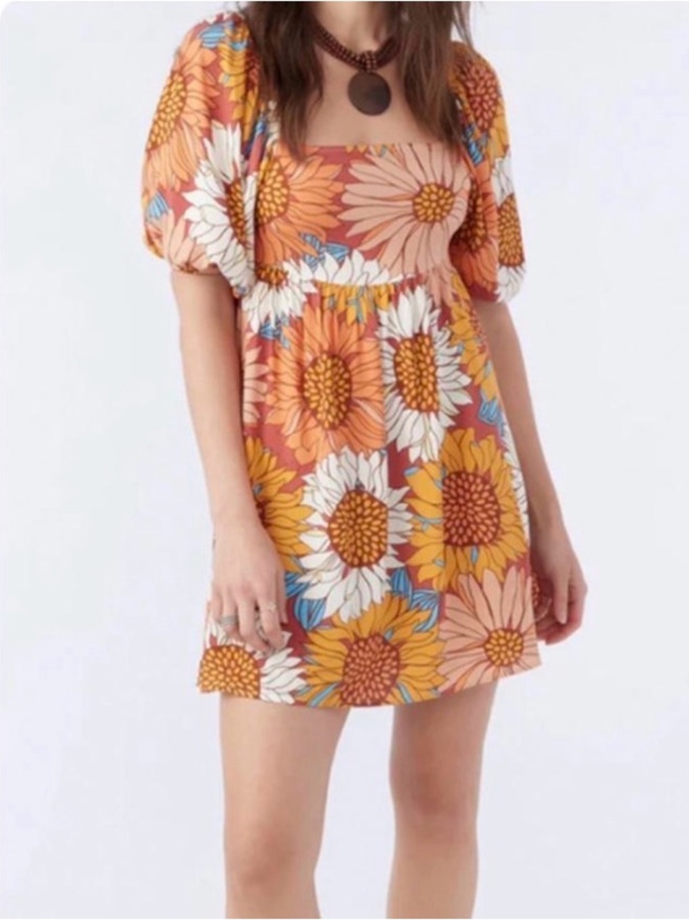 O’Neill Floral Puff-Sleeve Mini Dress in Rust